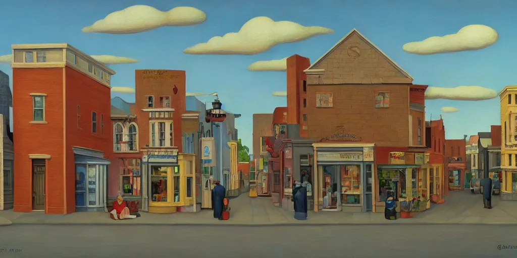 Image similar to quaint little toy town, main street elevation, grant wood, pj crook, edward hopper, oil on canvas