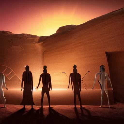 Prompt: realistic render of a group of aliens looking at hieroglyphs, cinematic lighting