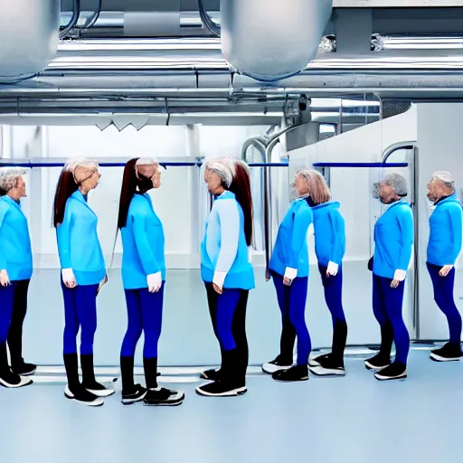 Prompt: group of identical athletic humans with light blue neoprene suits and white hair standing in a line on a conveyor belt, background of advanced futuristic laboratory, sci - fi, highly detailed, hyperrealistic