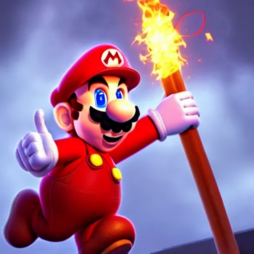 Prompt: Super Mario wearing tattered robes holding a glowing fire magical staff. Trending on Artstation, octane render, ultra detailed, art by Ross tran