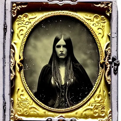 Image similar to tintype ambrotype daguerreotype of a cthulhu priestess adorned in occult jewelery with tentacle hair. emerging walking out of a baroque frame. striking face.