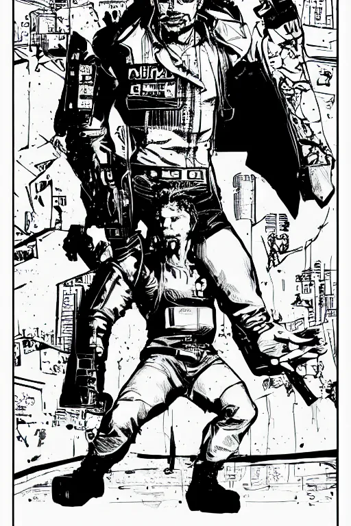 Image similar to david guretta, doing a heroic pose, a page from cyberpunk 2 0 2 0, style of paolo parente, style of mike jackson, adam smasher, johnny silverhand, 1 9 9 0 s comic book style, white background, ink drawing, black and white