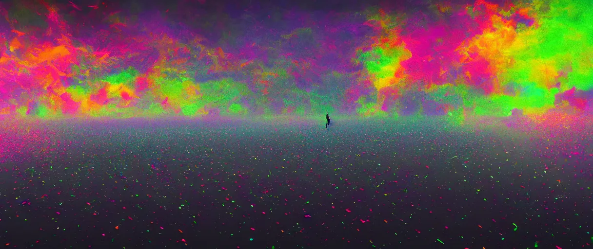 Prompt: dream landscape, simulation, glitch art, flocking particles, volumetric object, physical particles, translucence, cinematic lighting, iridescence, by ash thorpe