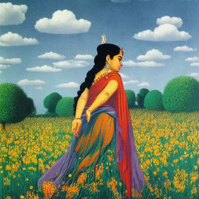 Prompt: hindu goddess kaali in distance looking at you in beautiful meadow of flower, detailed painting by rene magritte