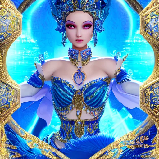 Image similar to photo of wonderful princess of sapphire with fair skin, she has her eyes closed, glowing, ornate and intricate blue jewelry, jaw dropping beauty, eyepopping colors, dynamic lighting, glowing background lighting, blue accent lighting, photorealistic, hyper detailed, award winning photography, 4 k octane render