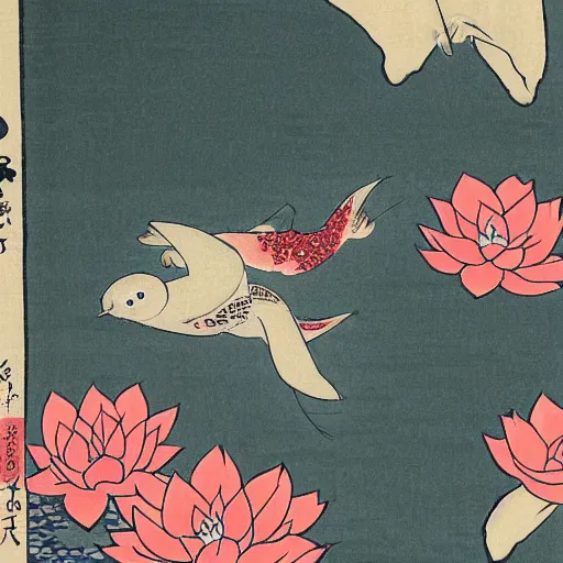 Image similar to a painting of flowers and a bird flying over a koi pond, a silk screen by ohara koson, pixiv contest winner, ukiyo - e, ukiyo - e, creative commons attribution, woodcut