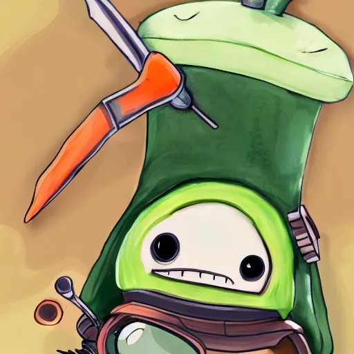 Image similar to little happy robot with big avocado hat and a carrot sword, made in abyss style, detailed background