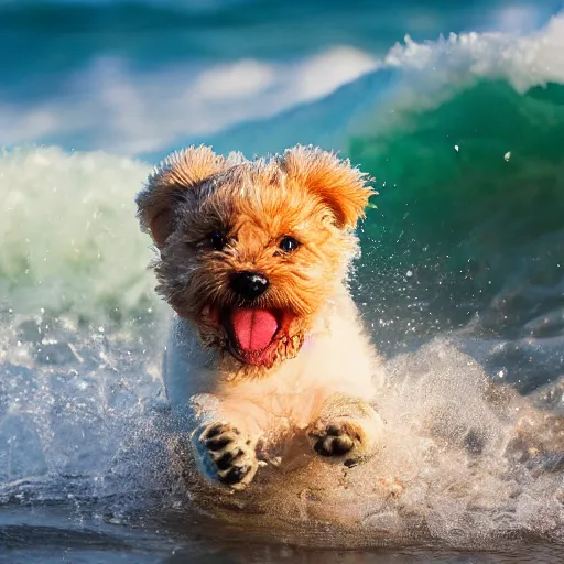 Image similar to a closeup photorealistic photograph of a cute smiling tiger bichon puppy splashing in the surf during sunset. professional capture, well lit shot. this 4 k hd image is trending on artstation, featured on behance, well - rendered, extra crisp, features intricate detail, epic composition and the style of unreal engine.