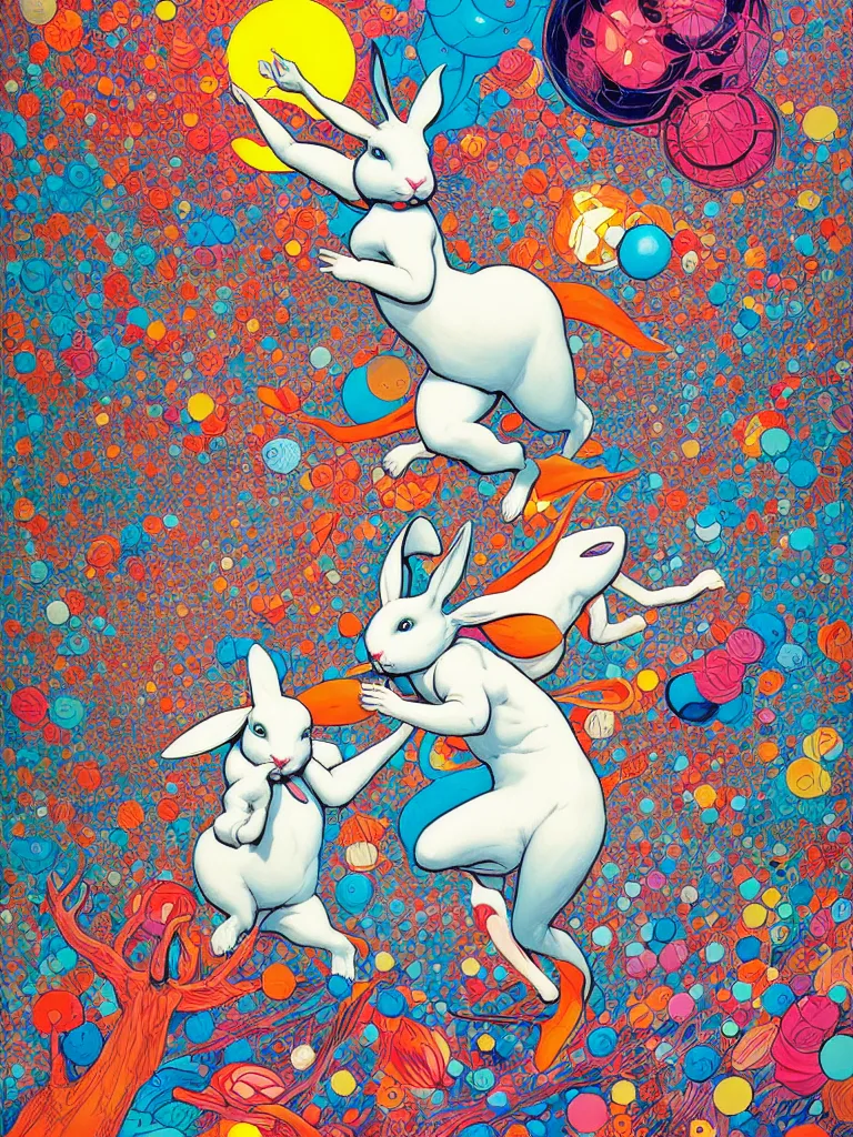 Prompt: chasing the white rabbit by james jean, comicbook cover, bright and colorful, fractals