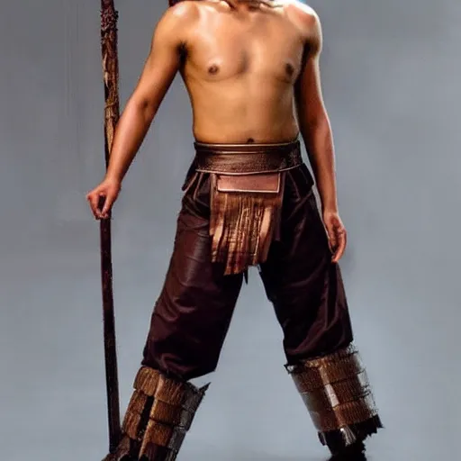 Prompt: handsome man, face like of saharat sangkapreecha, tai warrior, leather costume