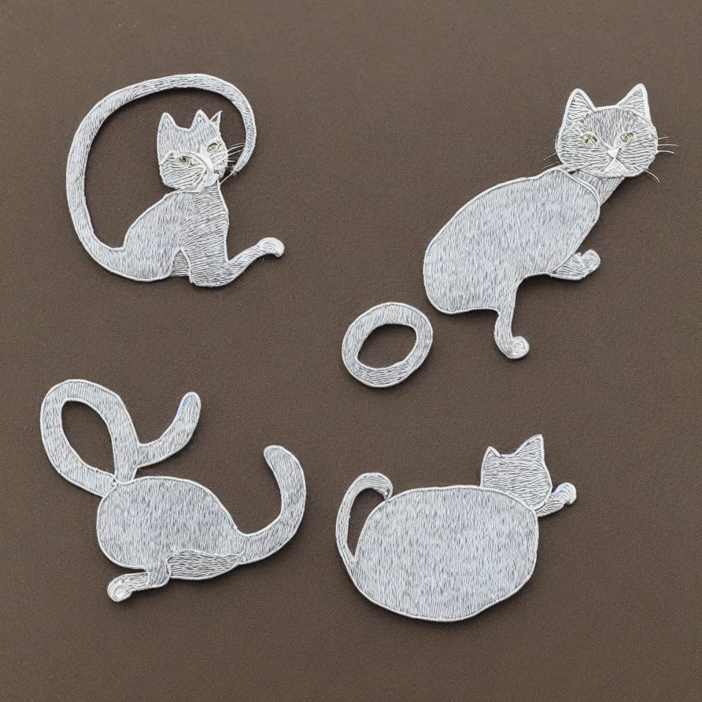 Image similar to Silver embroidered cat brooch, realistic, clean,