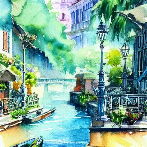 Image similar to Beautiful happy picturesque charming sci-fi town in harmony with nature. Beautiful light. Water and plants. Nice colour scheme, soft warm colour. Beautiful detailed watercolor by Lurid. (2022)