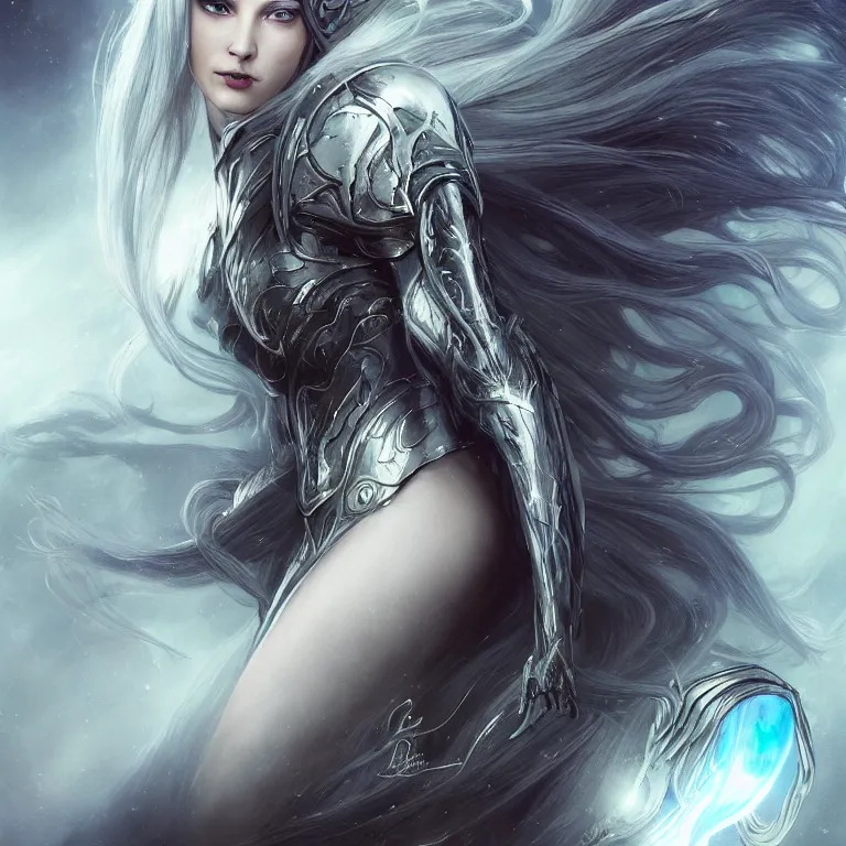 Image similar to beautiful cinematic fantasy poster, sci-fi, a beautiful female ghost with brilliant silver flowing hair and a brilliant jeweled silver helm, beautiful white glowing eyes, wideshot ultrawide angle epic scale, hybrid from The Elden Ring and art direction by Darius Zawadzki ;by artgerm; wayne reynolds art station; cinematic quality character render; low angle; ultra high quality model; production quality cinema model;