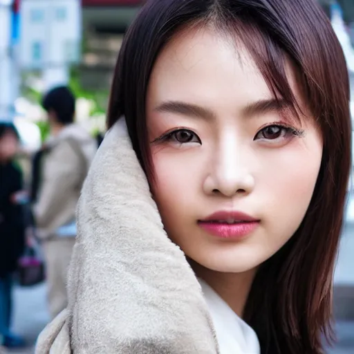 Image similar to beautiful asian female model on streets of tokyo, detailed face, posing in futuristic fashion, wide shot