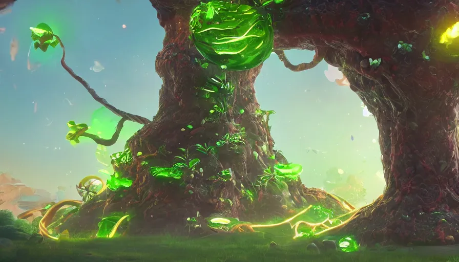 Image similar to A fancy huge slime tree on a magical biome full of oddities, goofy, sparky, full sun, positive vibes, behance, artstation, unreal render, unreal engine 5, octane, smooth, 8k