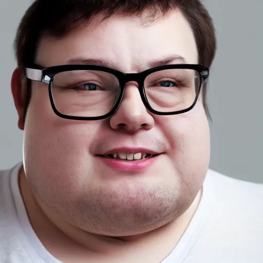 Prompt: fat person with glasses, face close up, white background, photo