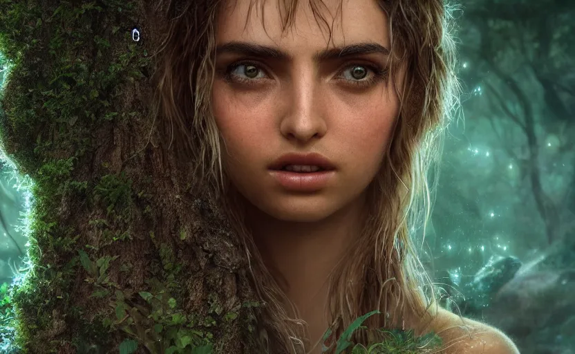 Image similar to a forest nymph in an ancient bioluminescent forest, ana de armas, flawless symmetrical pretty cute face, greg rutkowski, 8 k, shallow depth of field, intricate detail, concept art,