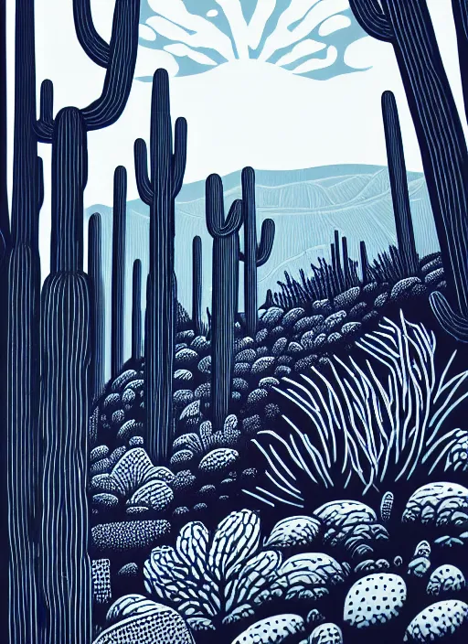 Prompt: art by allie webb, high plains, black ink linocut print of the cactus forest, high hills, 8 k, frostbite 3 engine, cryengine, ground level shot, dof, trending on artstation, digital art, crepuscular ray