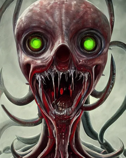 Image similar to Haunting horrifying detailed painting of a tall skinny extraterrestrial squid monster made of gelatinous fluid, floating teeth and bloodshot eyeballs, hyper detailed, trending on Artstation