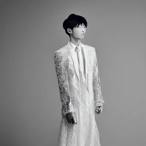 Image similar to a beautiful young korean male wearing a translucid lace wedding gown designed by alexander mcqueen, photographed by andrew thomas huang for a fashion editorial ,