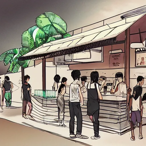 Image similar to concept art a singaporean neighborhood coffee shop