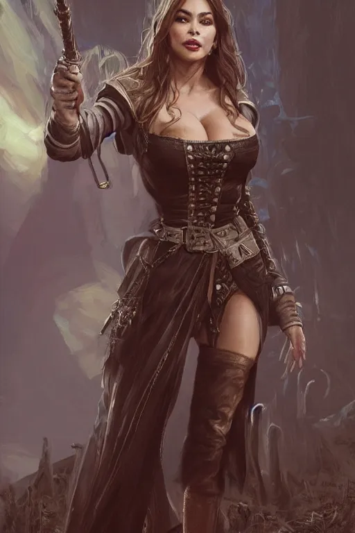Prompt: Sofia Vergara as a heroine with a dress inspired by the witcher, digital painting, artstation, concept art, smooth, sharp focus, illustration, in-frame, centered, art by artgerm and donato giancola and Joseph Christian Leyendecker, Ross Tran, WLOP