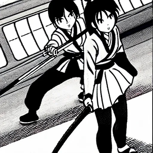 Image similar to Japanese schoolgirl runs away from Samurai with a katana on the subway by Kazuo Umezu, ultra high detailed