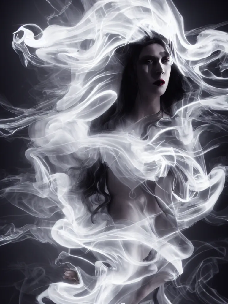 Prompt: white noir priestess, flowing swirls of smoke, hyperreal octane render volumtric cinematic