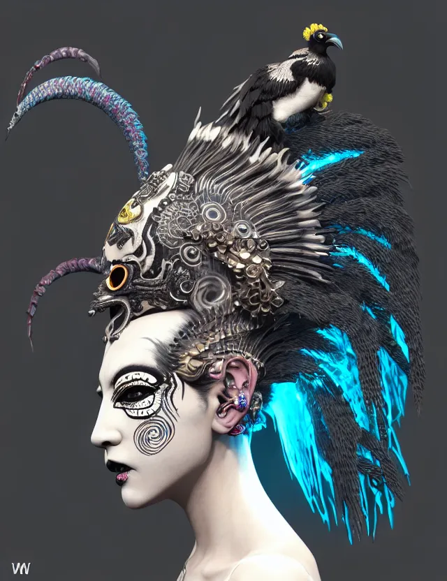 Image similar to 3 d goddess close - up profile portrait punk with mohawk with ram skull. beautiful intricately detailed japanese crow kitsune mask and clasical japanese kimono. betta fish, jellyfish phoenix, bio luminescent, plasma, ice, water, wind, creature, artwork by tooth wu and wlop and beeple and greg rutkowski