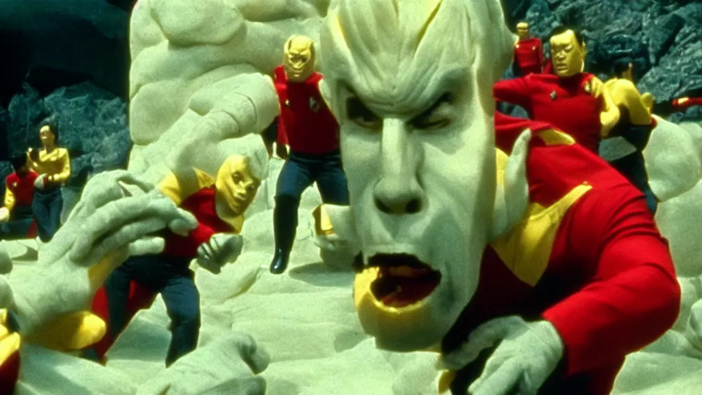 Image similar to giant monsters made of bananas killing crew wearing red on star trek, film still from a movie directed by Denis Villeneuve star trek with art direction by Salvador Dalí, wide lens