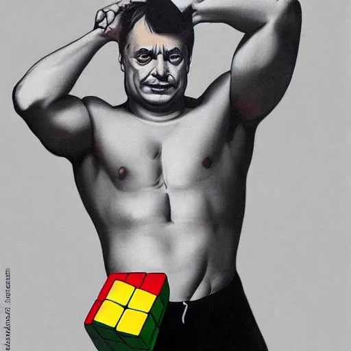 Image similar to portrait of viktor orban in training shorts confused by a rubik's cube, highly detailed illustration by boris vallejo