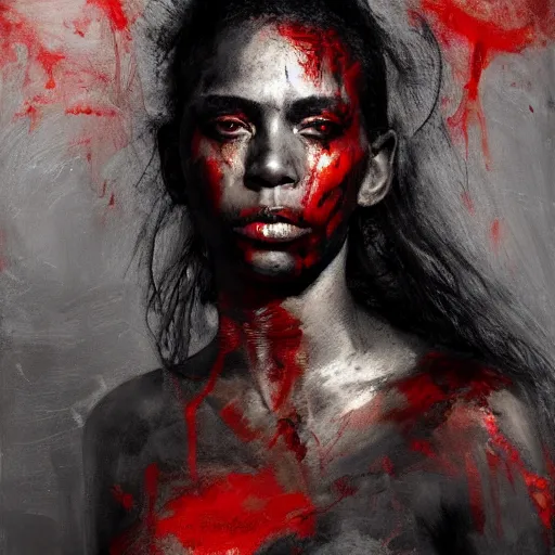 Image similar to portrait of the god of death, beautiful female face, angelic, black woman, dark, blood, by jeremy mann, by lucian freud, oil painting, god rays, female warrior, warrior face painting red, wings, holding a weapon, intricate, highly detailed, trending on artstation, award winning, cinematic