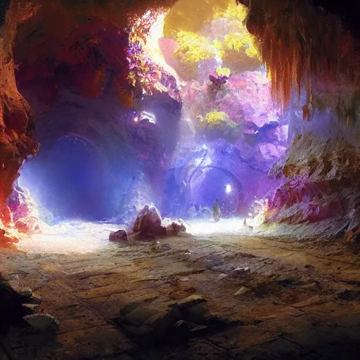 Image similar to a beautiful cave illuminated by shiny crystals of various colours, dark, by craig mullins