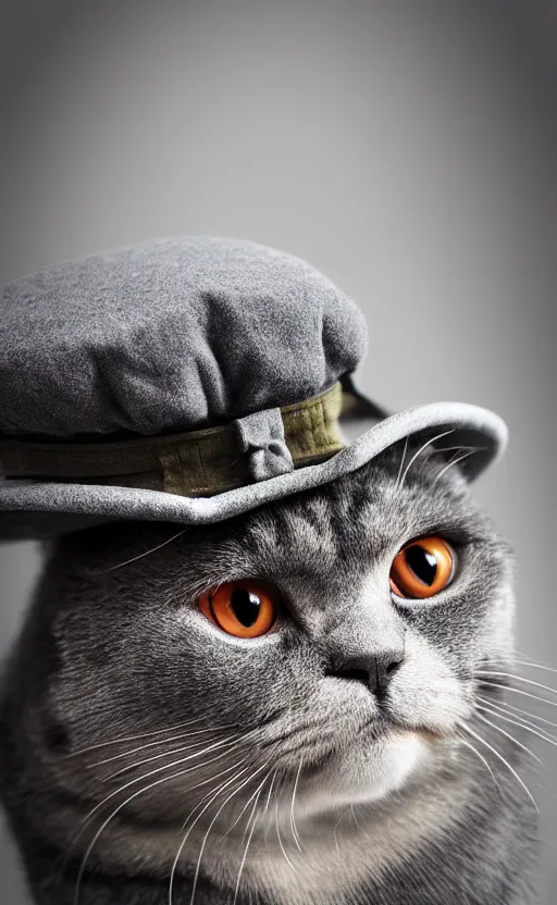 Image similar to portrait photo of scottish fold cat wearing a military hat, pure grey fur, highly detailed, high resolution, realistic photo, stunning, girls frontline style, bokeh soft, 1 0 0 mm, trending on instagram, by professional photographer, soldier clothing, shot with a canon, low saturation