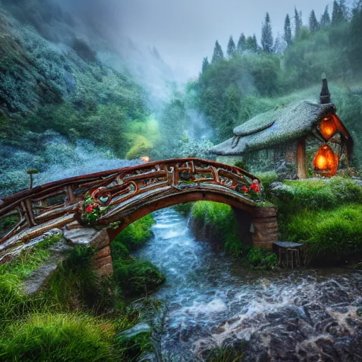 Prompt: spring festival at medieval hobbit village, ornate, beautiful, atmosphere, vibe, mist, smoke, fire, chimney, rain, wet, pristine, puddles, waterfall, melting, dripping, snow, creek, lush, ice, bridge, stew, loaves, green, stained glass, forest, roses, flowers, color page, 4 k, contest winner