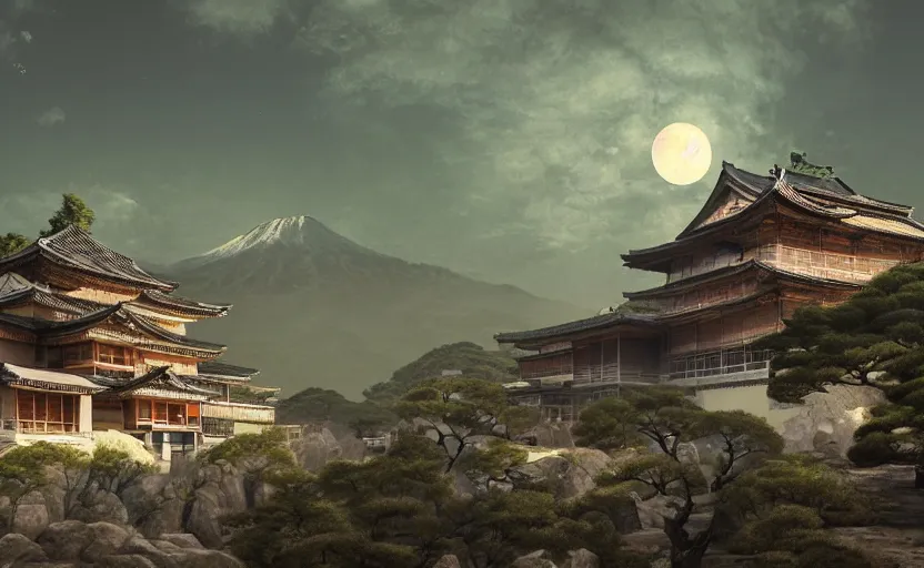 Image similar to highly detailed painting of old, ruined, japanese palace from sengoku period, surrounded by dense rock formations, high in mountains, night with bright moon light, environment concept art, photobash, unreal engine render, nanite