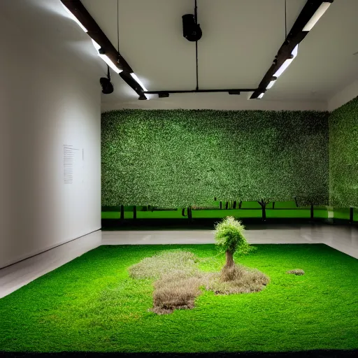 Prompt: an art installation inside of a minimalistic room in a museum, the floor is made out of green grass, there are small trees on the grass, the trees are in cages, 4k,