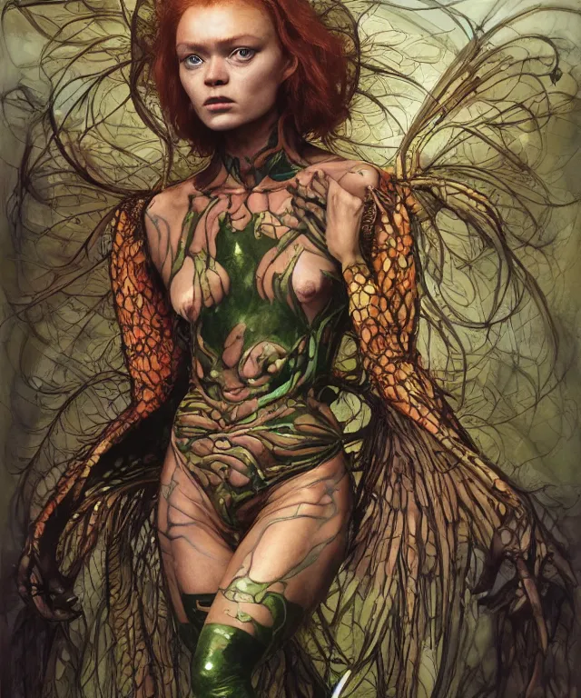 Image similar to a portrait photograph of a harpy x - men with slimy skin being transformed into a beautiful alien. she looks like sadie sink and is wearing a colorful infected sleek organic catsuit. by donato giancola, hans holbein, walton ford, gaston bussiere, peter mohrbacher and brian froud. 8 k, cgsociety, fashion editorial