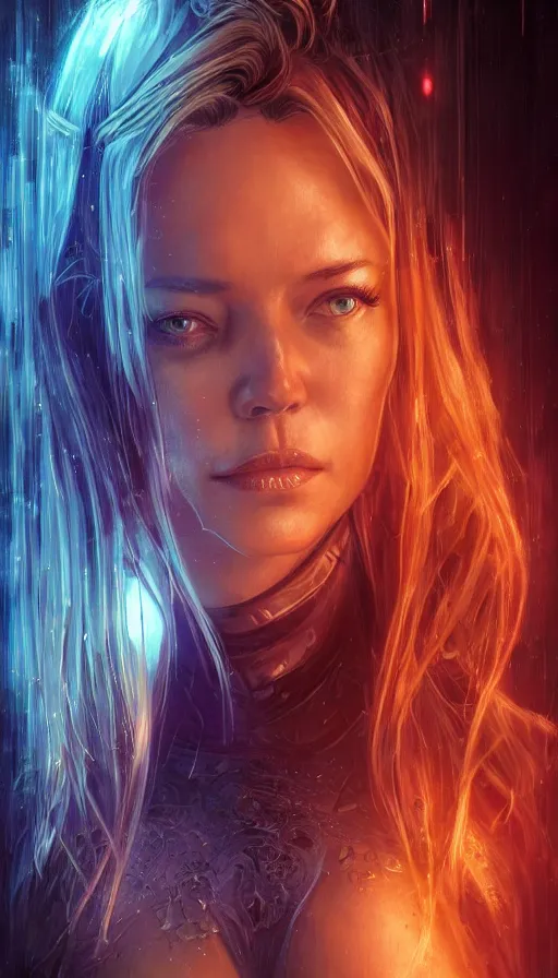 Image similar to kristanna loken, altered carbon, neon, dreamy vibe, fibonacci, sweat drops, insane intricate, highly detailed, cinematic, atmospheric. digital painting, artstation, concept art, smooth, sharp focus, illustration, unreal engine 5, 8 k, art by artgerm and greg rutkowski and alphonse mucha, laura sava, laura palmer