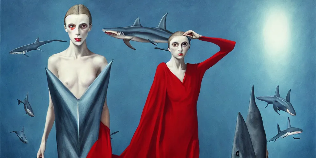 Image similar to high fashion shark, too many fins in all directions, in hoc signo vinces, waterfall, in the style of leonora carrington, gottfried helnwein, intricate composition, blue light by caravaggio, insanely quality, highly detailed, masterpiece, red light, artstation