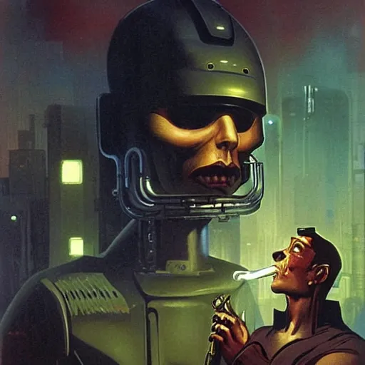 Image similar to An android smoking a cigar in a cyberpunk setting by Frank Frazetta, Trending on Artstation, 1980s computer graphics,