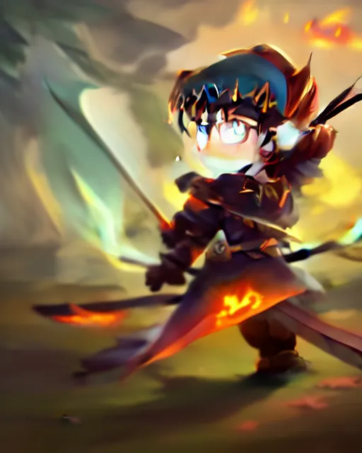 Image similar to oil painting of a cute chibi MapleStory warrior,, attacking, casting a spell with a spear, wearing a MapleStory warrior outfit, sharp focus, fantasy style, octane render, volumetric lighting, 8k high definition, by greg rutkowski, highly detailed, trending on artstation, magic the gathering artwork, Perion background from MapleStory, centered