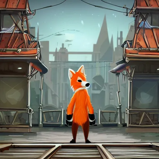 Image similar to anthropomorphic furry fox wearing a tuxedo stands on a train station ,detailed, environment, building, train cinematic lights, Artstation