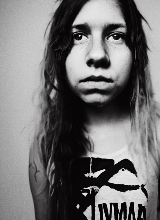 Prompt: a young pothead woman is dressed in a Nirvana T-shirt while she thinks about her impending death amusingly. soft skin. smooth skin. soft feminine facial features. Pinterest filter. complex detail added after taking the film still at 16K resolution. amazingly epic visuals. epically luminous image. amazing lighting effect, image looks gorgeously crisp as far as it's visual fidelity goes, absolutely outstanding image. perfect film clarity. amazing film quality. iridescent image lighting. Criterion collection. gloriously cold atmosphere. mega-beautiful pencil image shadowing. beautiful face. 16k upscaled image. soft image shading. soft image texture. intensely beautiful image. large format picture. it's a great portrait of the highest quality. Great Pinterest photo. masterfully lit.