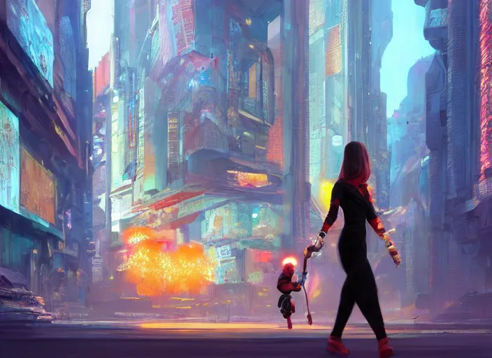 Prompt: gorgeous bright girl holding a red flag over her head enthusiastically walking through Mandelbrot fractal futuristic bustling city by Craig Mullins, ilya kuvshinov, krenz cushart, artgerm trending on artstation by Edward Hopper and Dan Mumford and WLOP and Rutkovsky, Unreal Engine 5, Lumen, Nanite