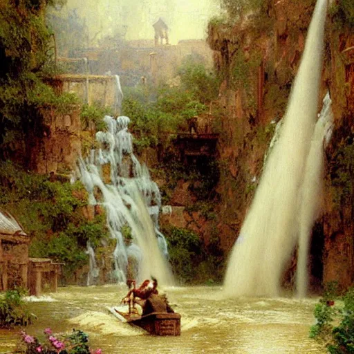 Image similar to waterfall flooding an entire village. victorian age. highly detailed painting by gaston bussiere, craig mullins, j. c. leyendecker