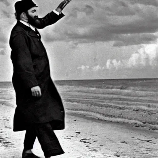 Prompt: an old photograph of Fidel Castro smoking a cigar and walking in the beach. There is a storm in the background. 1850s color photography. Award winning.