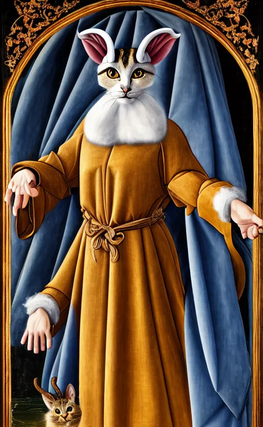 Prompt: a bipedal cat that has goat horns, anthropomorphic cat that is wearing robes, oil painting, by sandro botticelli, dnd, character reveal, cosmic, magical, fog, noble, full body portrait, intricate, ornate, extremely detailed, cult, ritual, 4 k, 8 k