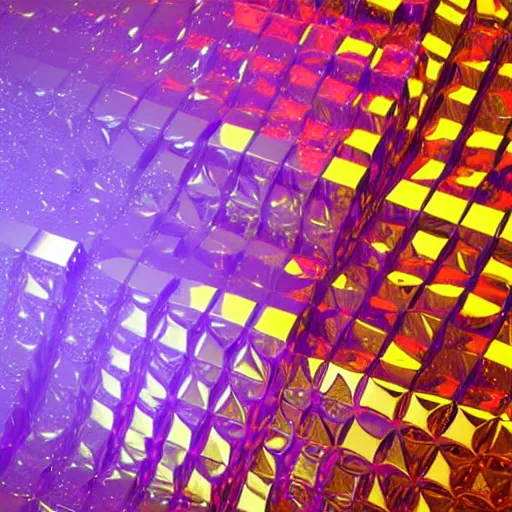 Prompt: wave particles emitting gold light surrounded by metallic cubes, 3D render, octane, bright colors, hyperrealistic