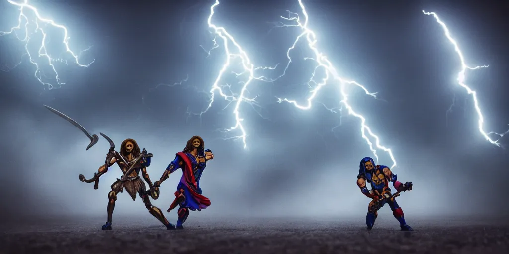 Image similar to skeletor and he - man in a sword fight, fog on the ground, heavy rain, lightning, moody lighting, shallow depth of field, photo realistic,